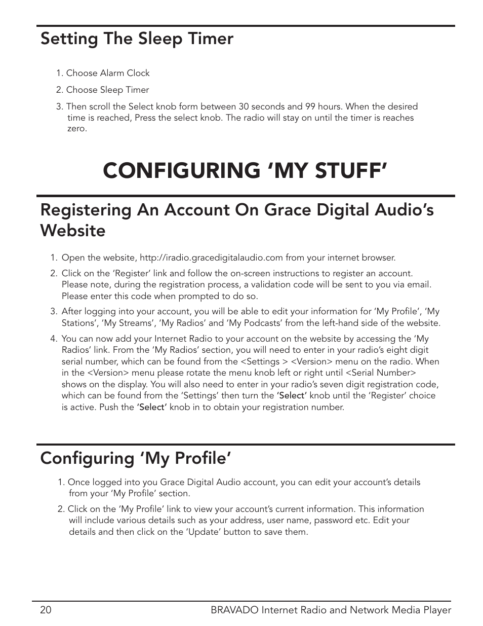 Setting the sleep timer, Configuring 'my stuff, Configuring ‘my profile | Configuring ‘my stuff | Grace Digital Bravado GDI-IRD4400M User Manual | Page 20 / 48