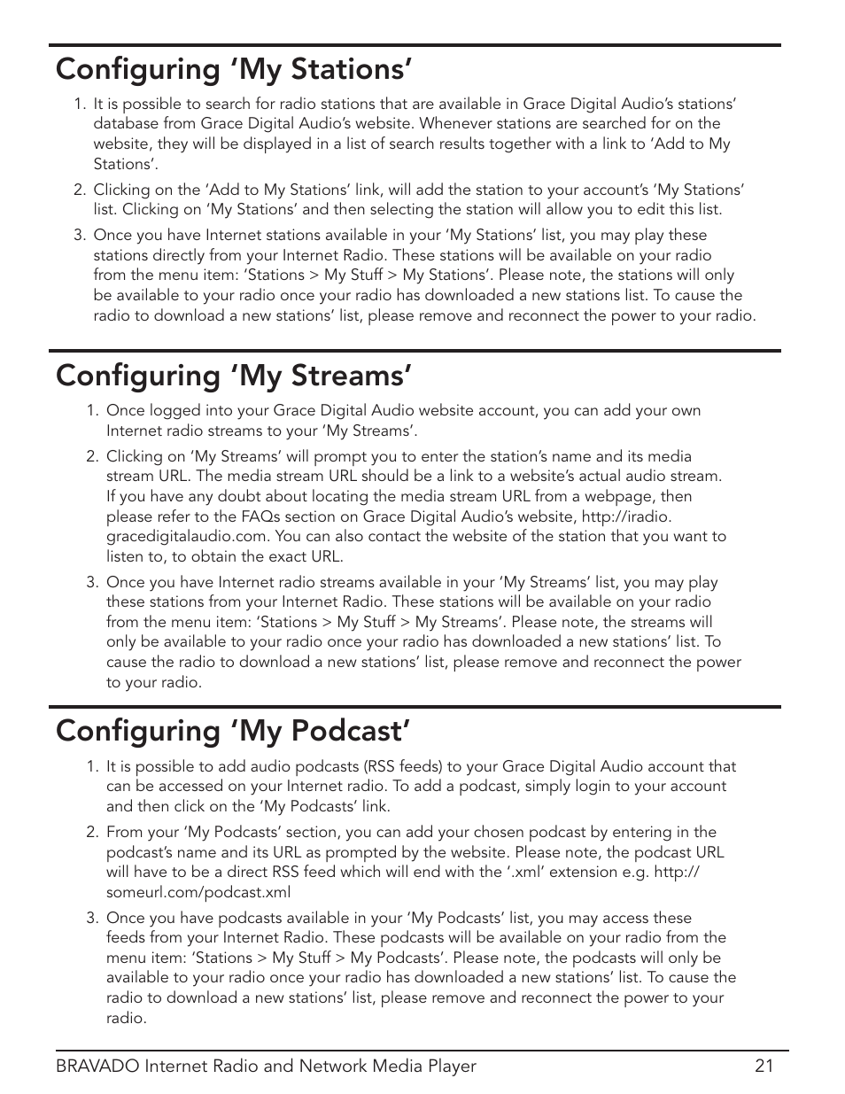 Configuring ‘my stations, Configuring ‘my streams, Configuring ‘my podcast | Conﬁguring ‘my streams’ conﬁguring ‘my podcast, Conﬁguring ‘my stations | Grace Digital Bravado GDI-IRD4400M User Manual | Page 21 / 48