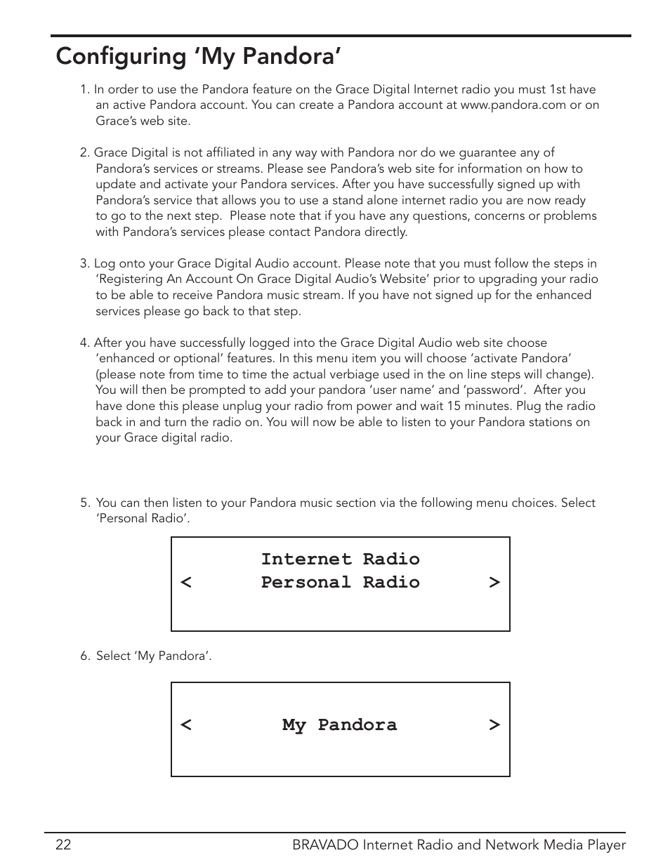 Configuring ‘my pandora, Conﬁguring ‘my pandora, Internet radio < personal radio > < my pandora | Grace Digital Bravado GDI-IRD4400M User Manual | Page 22 / 48