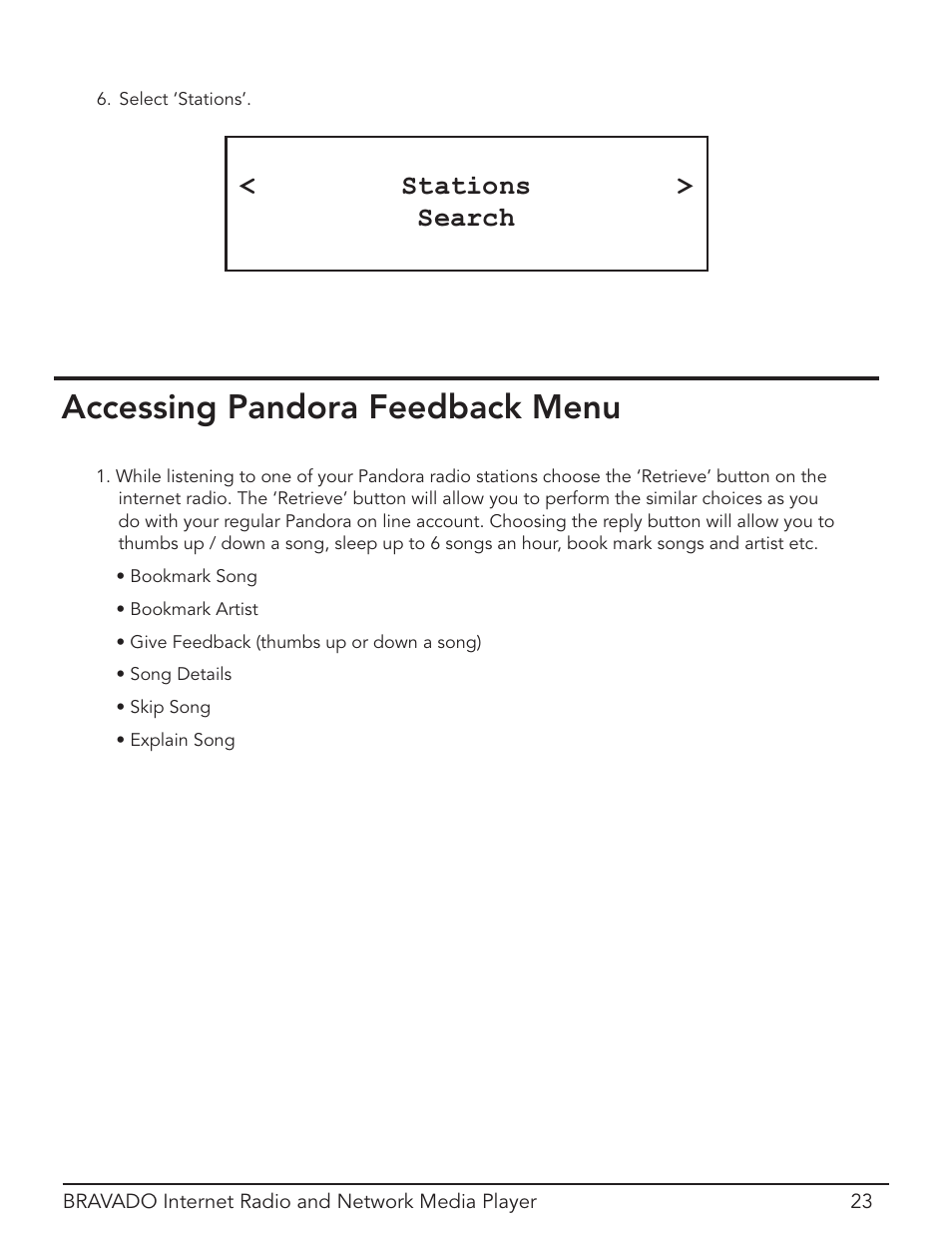 Accessing pandora feedback menu, Stations > search | Grace Digital Bravado GDI-IRD4400M User Manual | Page 23 / 48