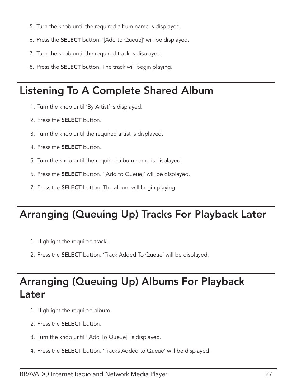 Listening to a complete shared album, Arranging (queuing up) tracks for playback later, Arranging (queuing up) albums for playback later | Grace Digital Bravado GDI-IRD4400M User Manual | Page 27 / 48