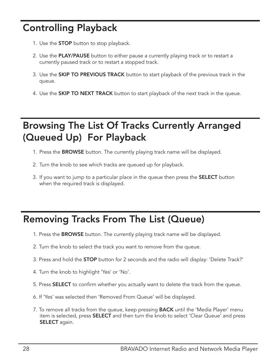 Controlling playback, Removing tracks from the list (queue) | Grace Digital Bravado GDI-IRD4400M User Manual | Page 28 / 48