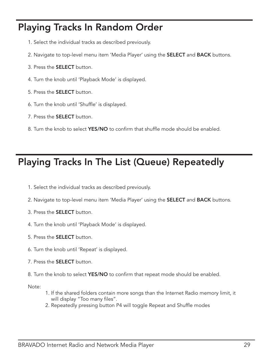 Playing tracks in random order, Playing tracks in the list (queue) repeatedly | Grace Digital Bravado GDI-IRD4400M User Manual | Page 29 / 48