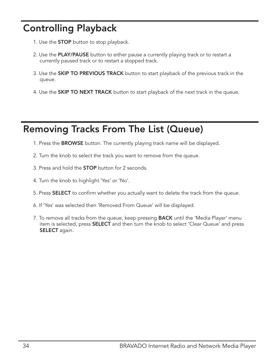 Controlling playback, Removing tracks from the list (queue) | Grace Digital Bravado GDI-IRD4400M User Manual | Page 34 / 48