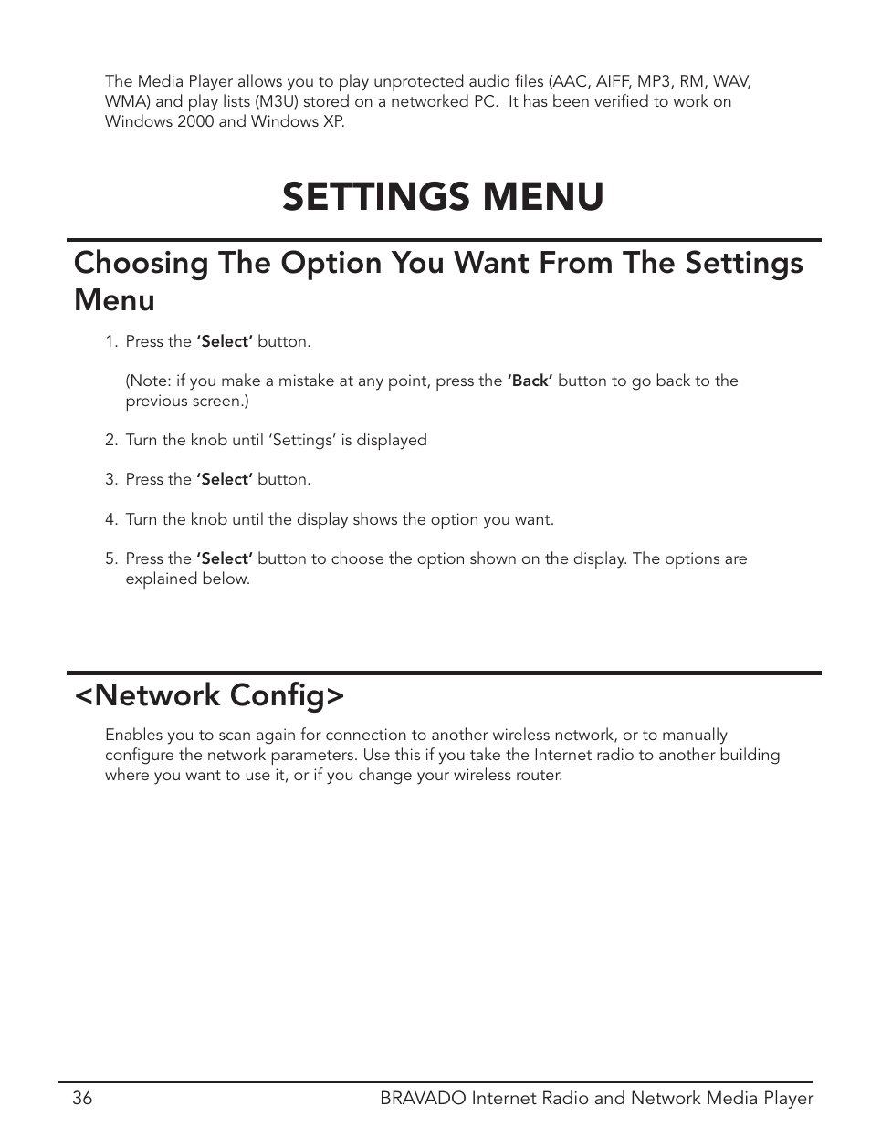 Navigating the menus, Settings menu, Network config | Network conﬁg | Grace Digital Bravado GDI-IRD4400M User Manual | Page 36 / 48