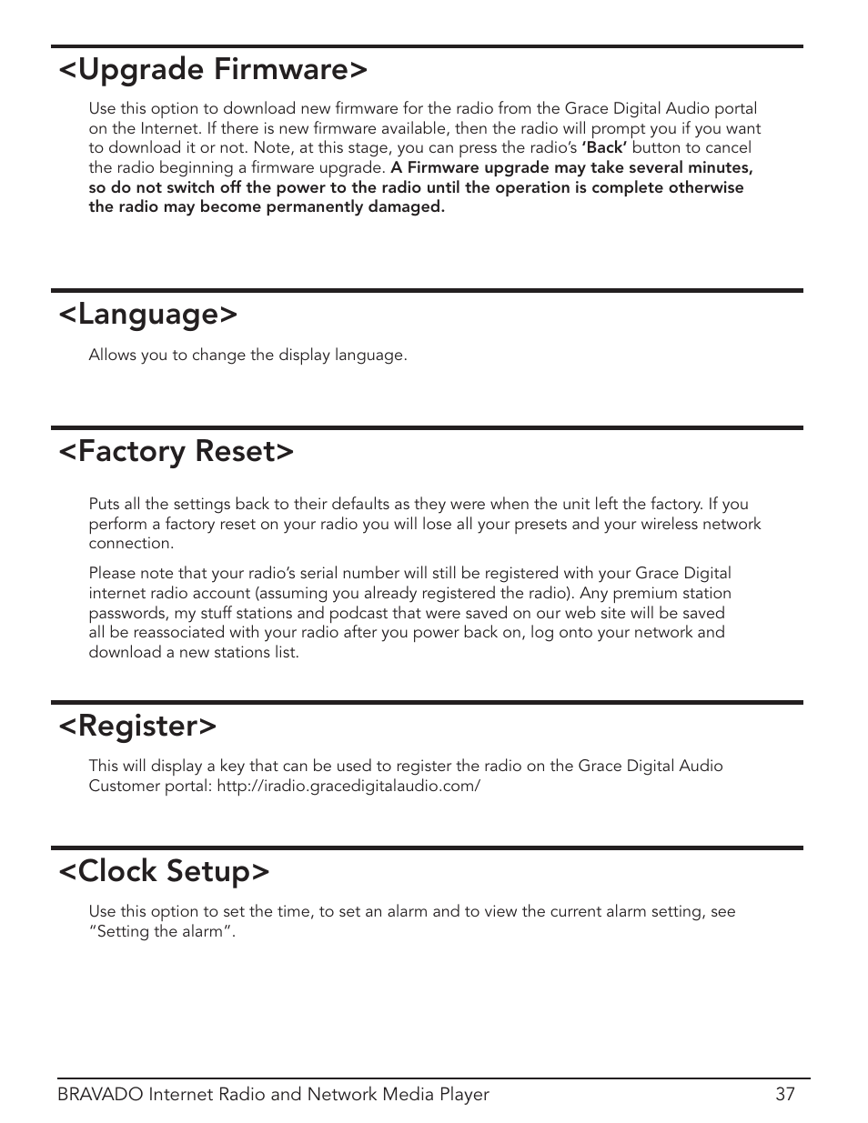 Factory reset (menu item), Upgrade firmware, Language | Factory reset, Register, Clock setup | Grace Digital Bravado GDI-IRD4400M User Manual | Page 37 / 48