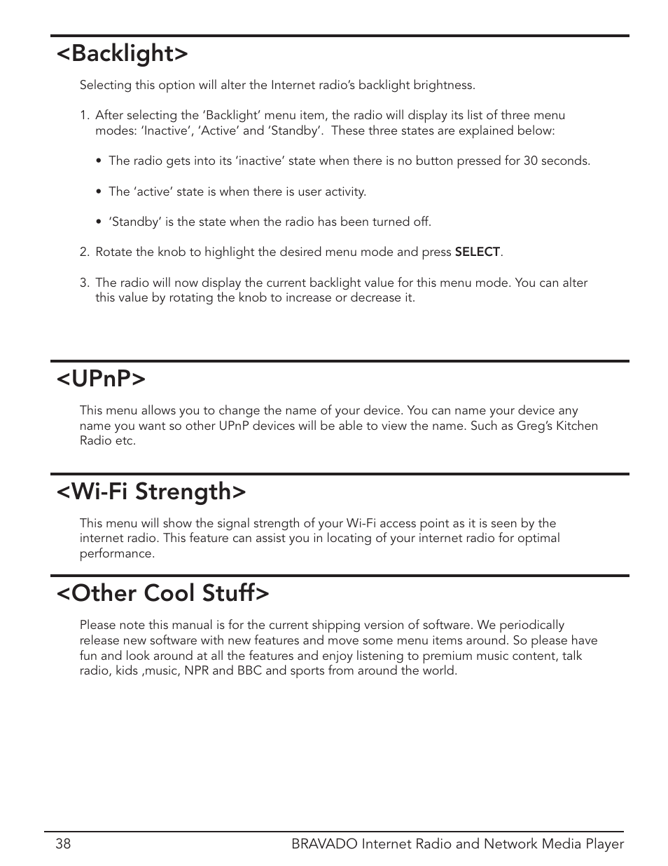 Backlight, Upnp, Wi-fi strength | Grace Digital Bravado GDI-IRD4400M User Manual | Page 38 / 48