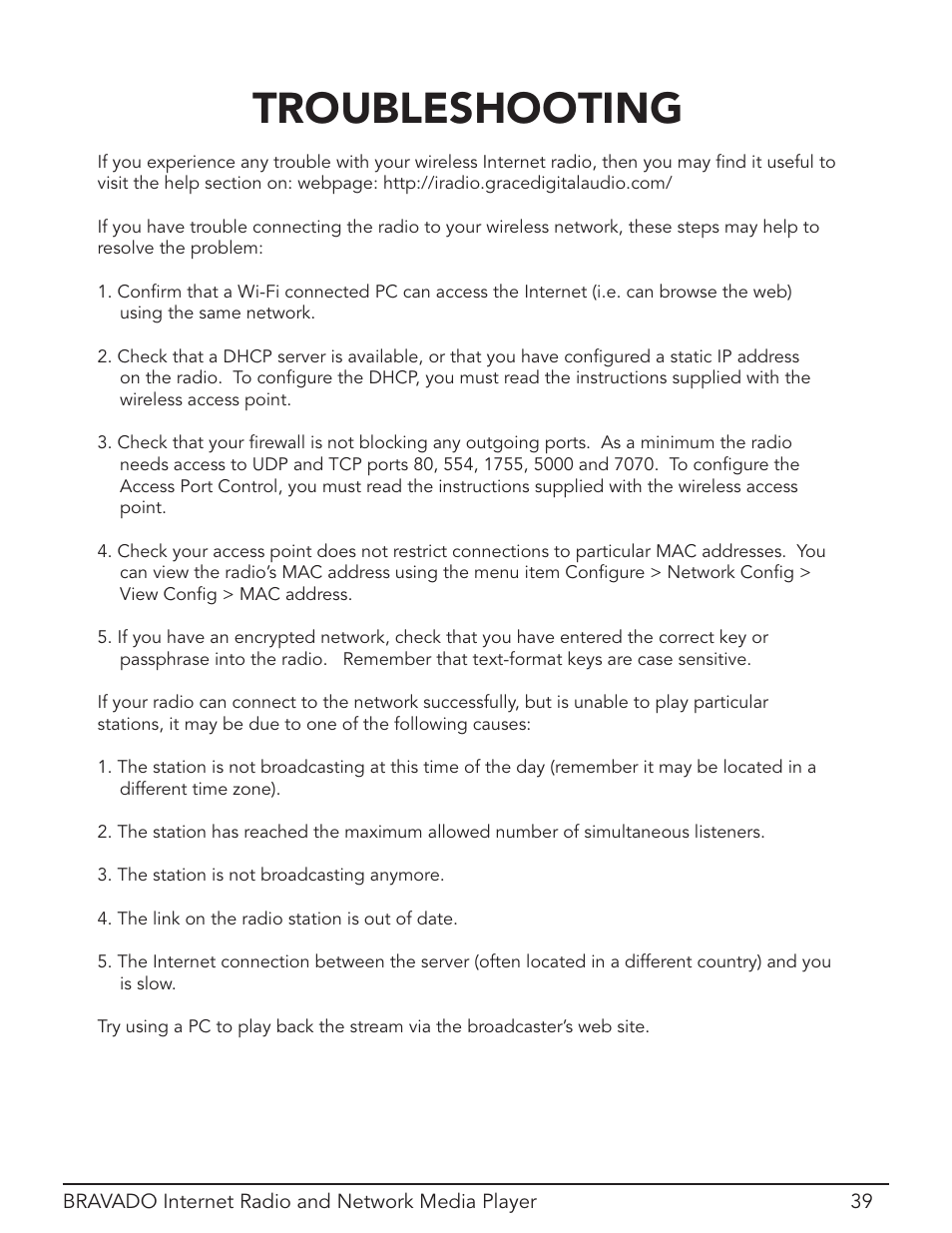 Troubleshooting | Grace Digital Bravado GDI-IRD4400M User Manual | Page 39 / 48