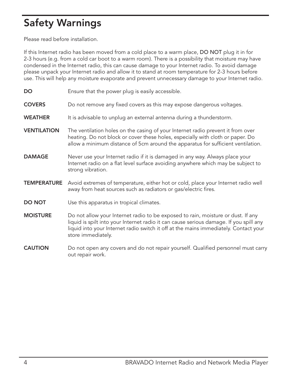 Safety warnings | Grace Digital Bravado GDI-IRD4400M User Manual | Page 4 / 48