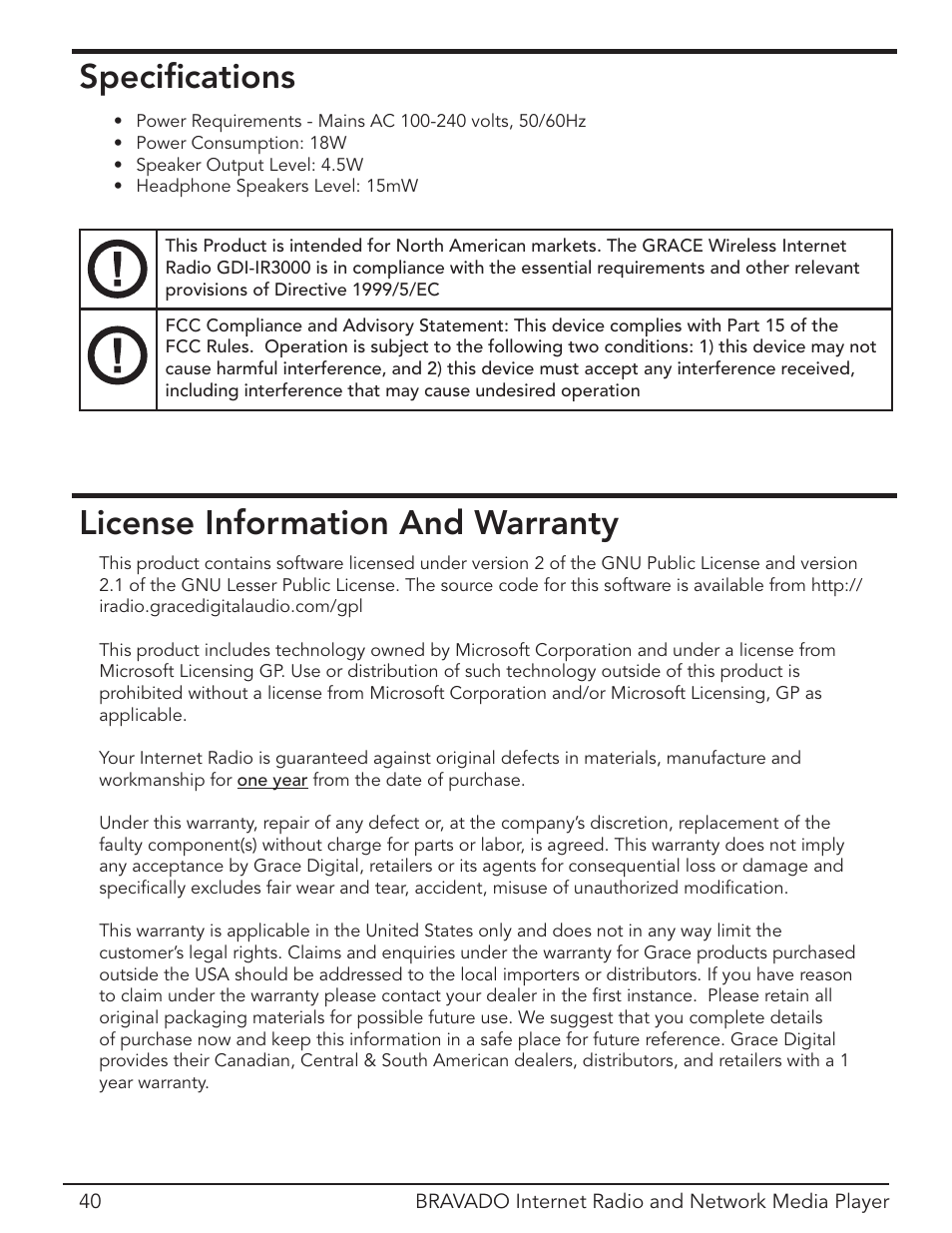 Specs, Warranty, Speciﬁcations | License information and warranty | Grace Digital Bravado GDI-IRD4400M User Manual | Page 40 / 48