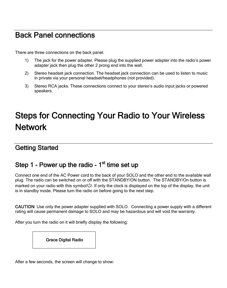 Back panel connections, Getting started, Getting started step 1 - power up the radio - 1 | Time set up | Grace Digital SOLO GDI-IRA500 User Manual | Page 13 / 51