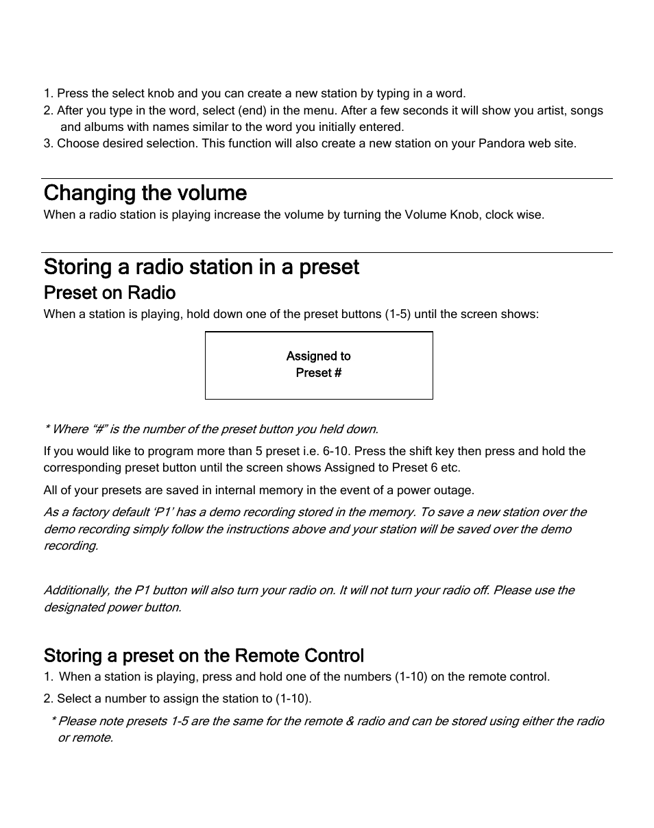 Changing the volume, Storing a radio station in a preset, Preset on radio | Storing a preset on the remote control | Grace Digital SOLO GDI-IRA500 User Manual | Page 20 / 51