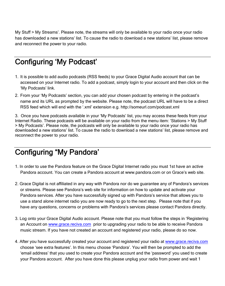 Configuring ‘my podcast, Configuring “my pandora | Grace Digital SOLO GDI-IRA500 User Manual | Page 28 / 51