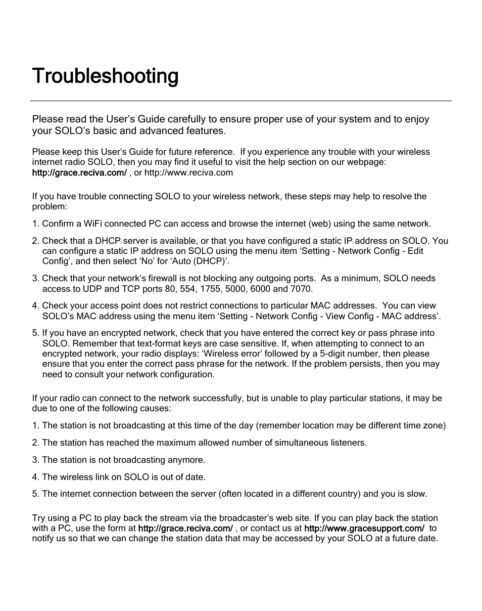 Troubleshooting | Grace Digital SOLO GDI-IRA500 User Manual | Page 44 / 51