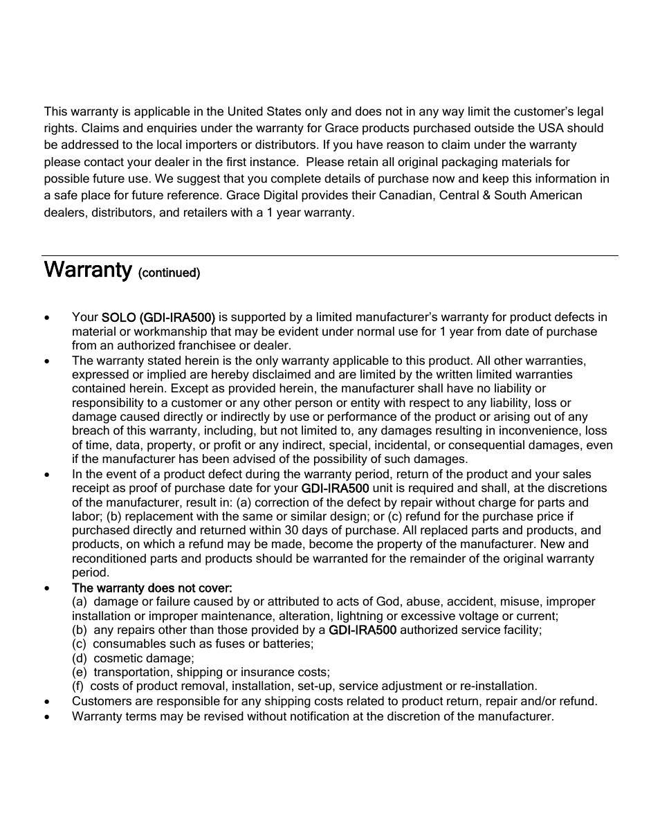Warranty (continued), Warranty | Grace Digital SOLO GDI-IRA500 User Manual | Page 46 / 51