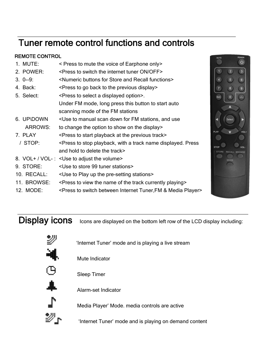 Tuner remote control functions and controls, Display icons | Grace Digital TUNER GDI-IRDT200 User Manual | Page 10 / 51