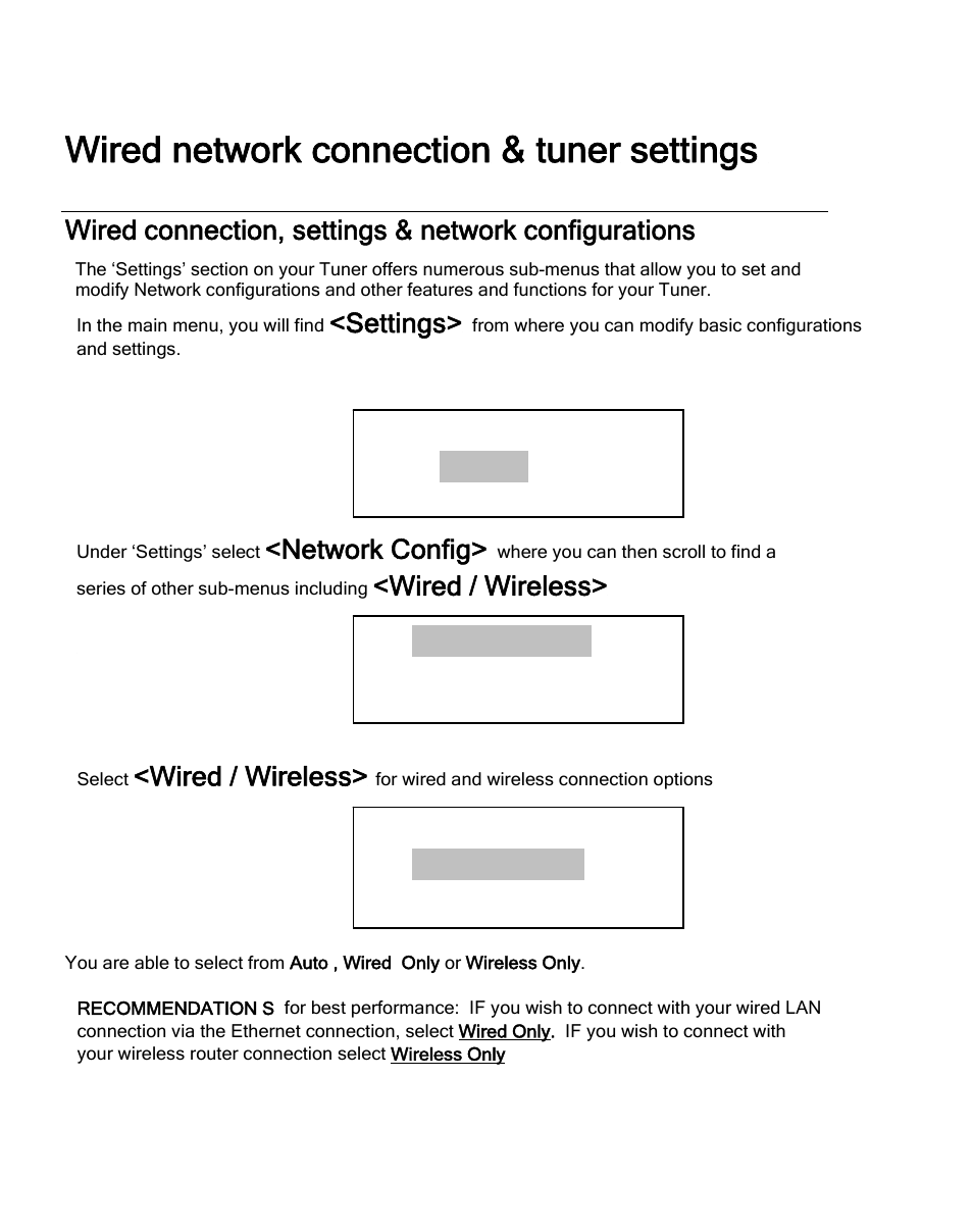 Wired network connection & tuner settings, Settings, Alarm clock settings | Network config, Wired / wireless> network config version, Wired / wireless, Edit config wired/wireless | Grace Digital TUNER GDI-IRDT200 User Manual | Page 15 / 51