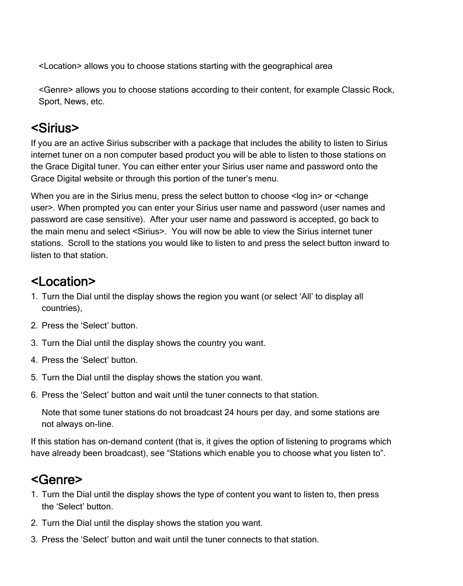 Sirius, Location, Genre | Grace Digital TUNER GDI-IRDT200 User Manual | Page 18 / 51