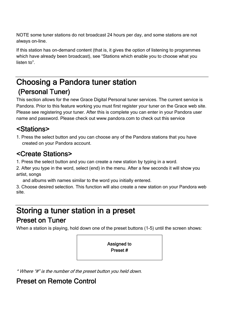 Choosing a pandora tuner station, Storing a tuner station in a preset, Personal tuner) | Stations, Create stations, Preset on tuner, Preset on remote control | Grace Digital TUNER GDI-IRDT200 User Manual | Page 19 / 51