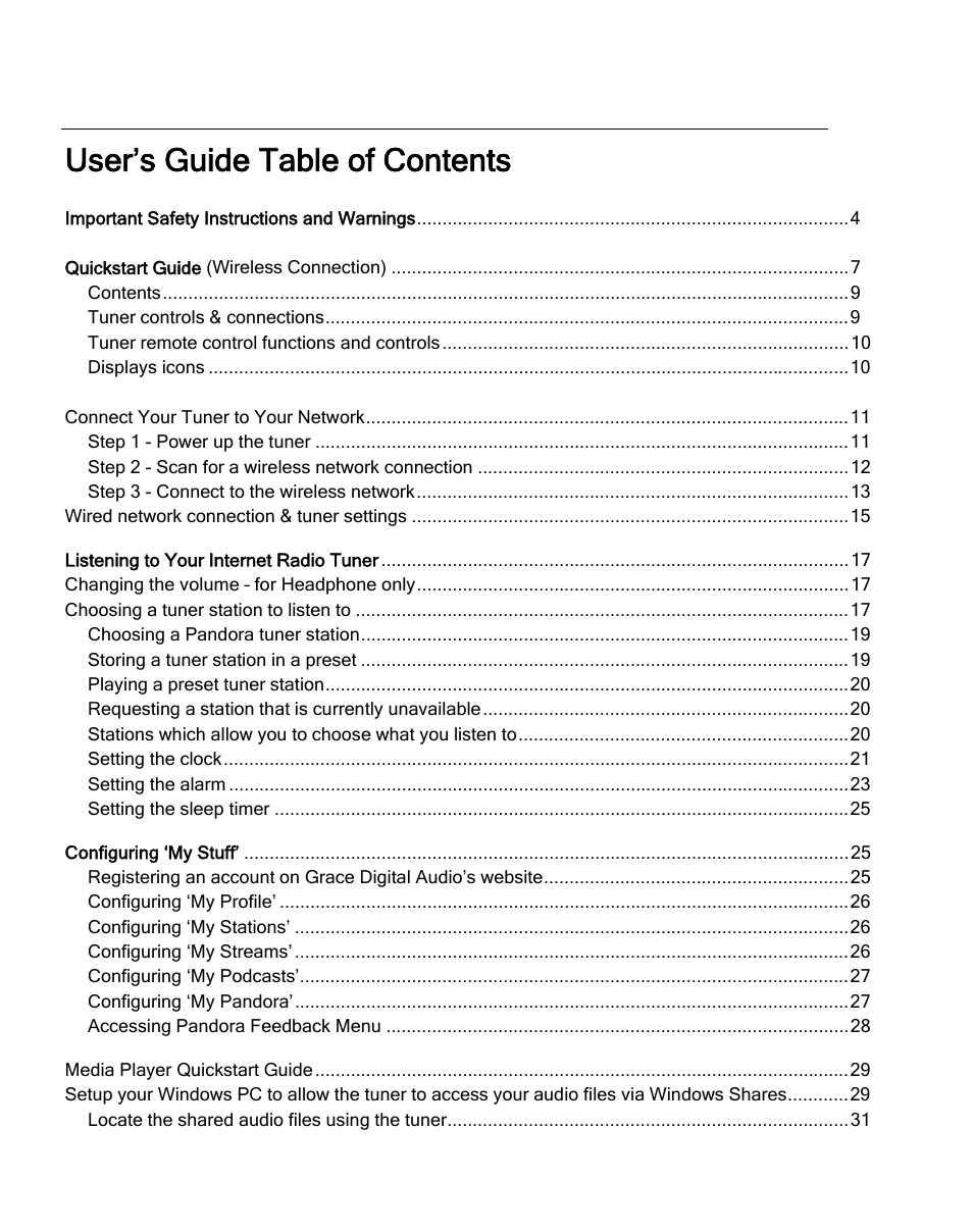 User’s guide table of contents | Grace Digital TUNER GDI-IRDT200 User Manual | Page 2 / 51