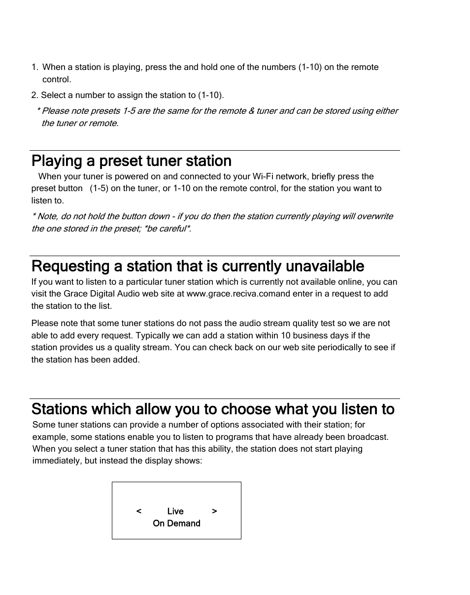 Playing a preset tuner station, Requesting a station that is currently unavailable | Grace Digital TUNER GDI-IRDT200 User Manual | Page 20 / 51