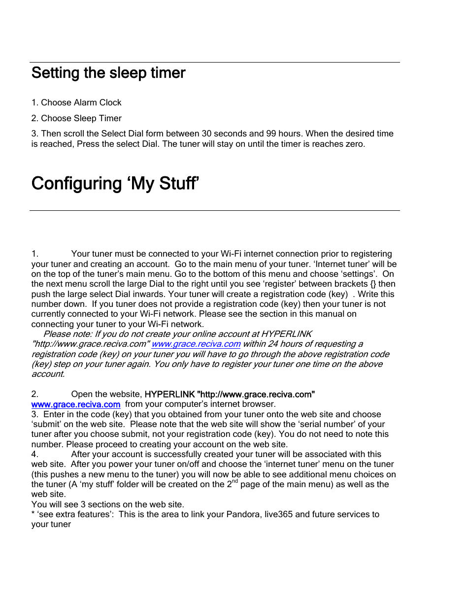 Setting the sleep timer, Registering your tuner / creating an account, Configuring ‘my stuff | Grace Digital TUNER GDI-IRDT200 User Manual | Page 25 / 51