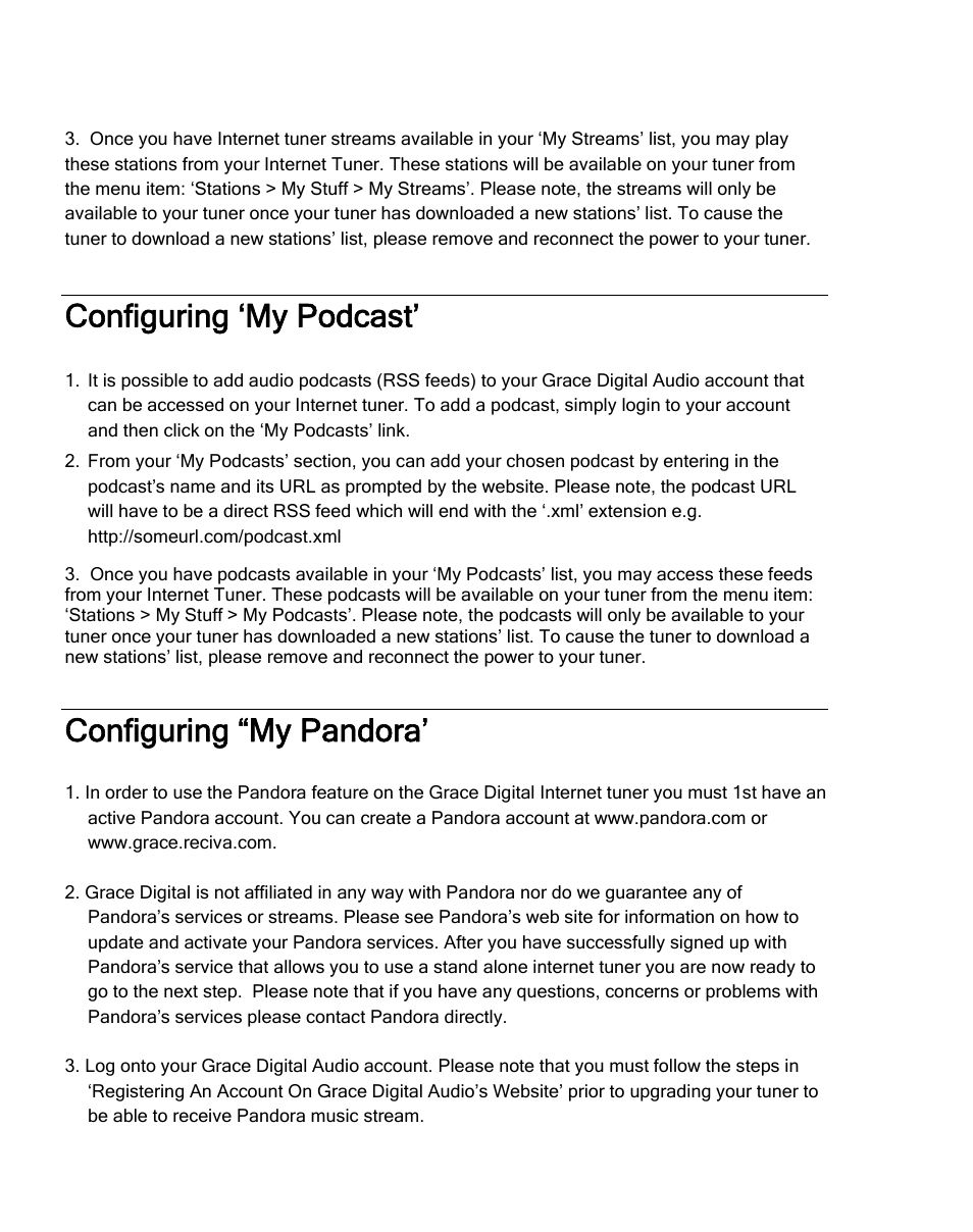 Configuring ‘my podcast, Configuring “my pandora | Grace Digital TUNER GDI-IRDT200 User Manual | Page 27 / 51