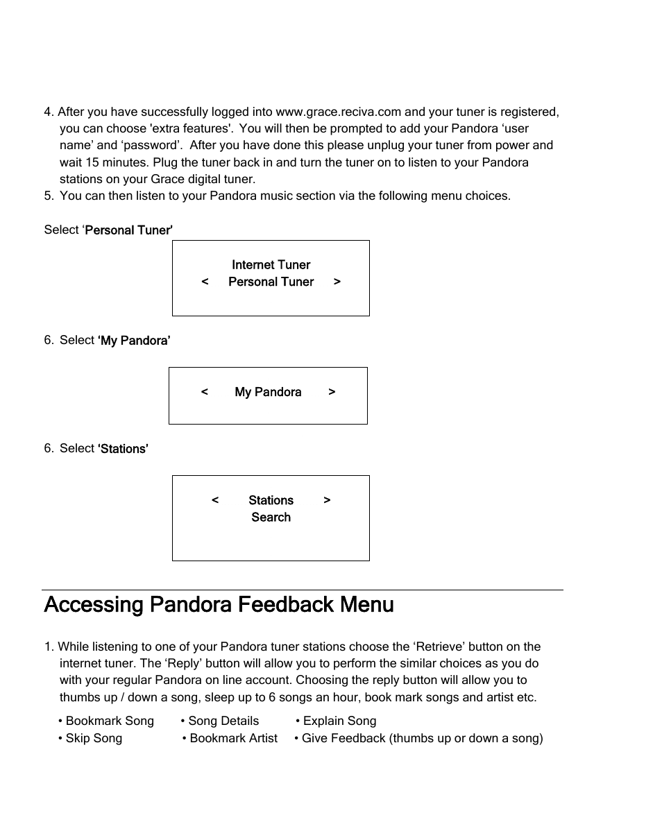 Accessing pandora feedback menu | Grace Digital TUNER GDI-IRDT200 User Manual | Page 28 / 51