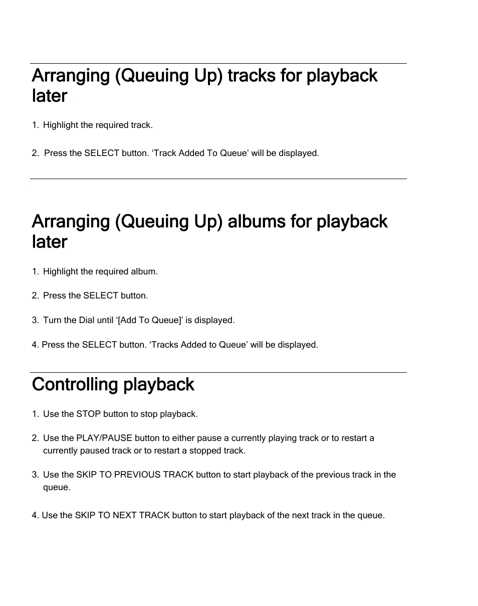 Arranging (queuing up) tracks for playback later, Arranging (queuing up) albums for playback later, Controlling playback | Grace Digital TUNER GDI-IRDT200 User Manual | Page 33 / 51