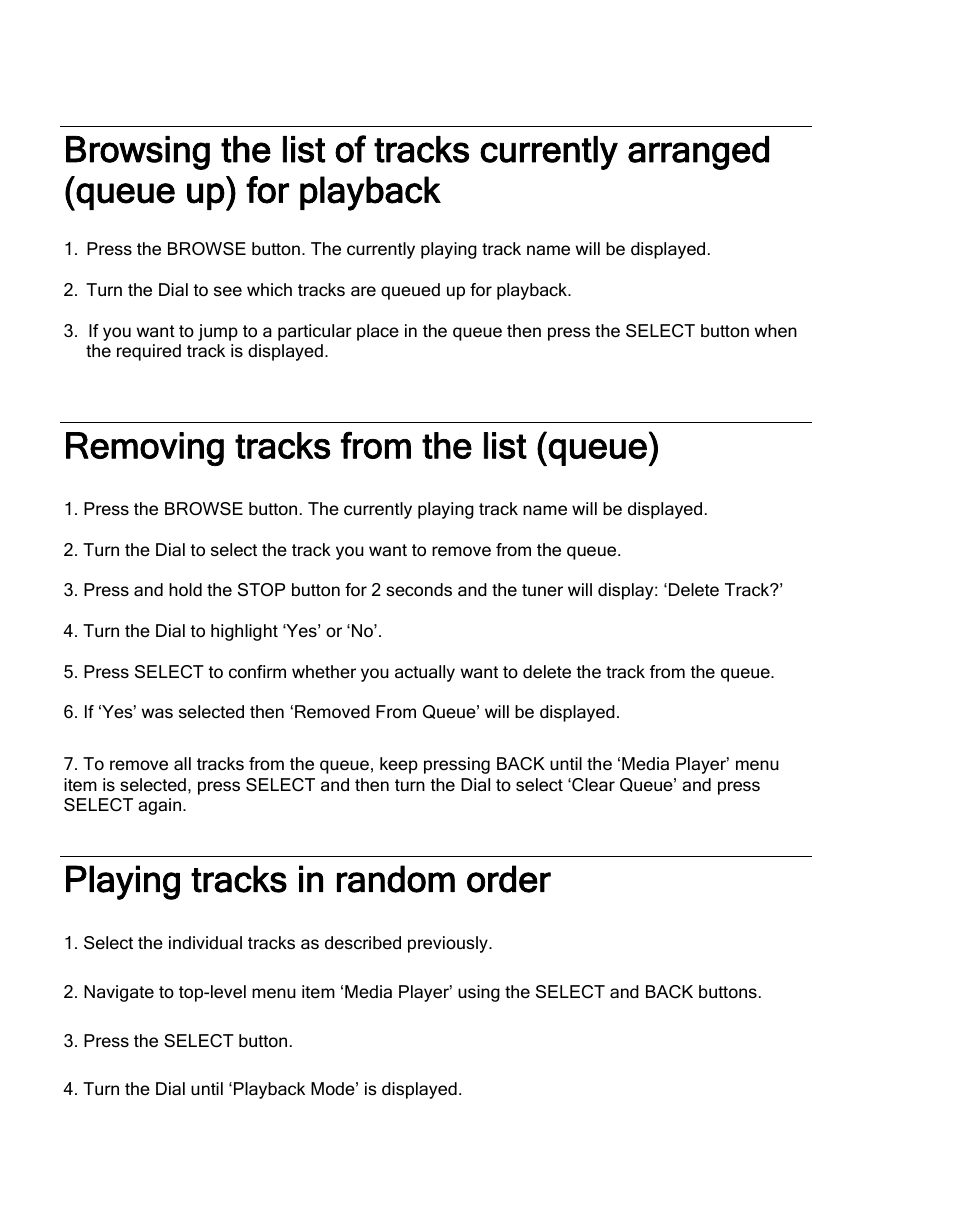 Removing tracks from the list (queue), Playing tracks in random order | Grace Digital TUNER GDI-IRDT200 User Manual | Page 34 / 51