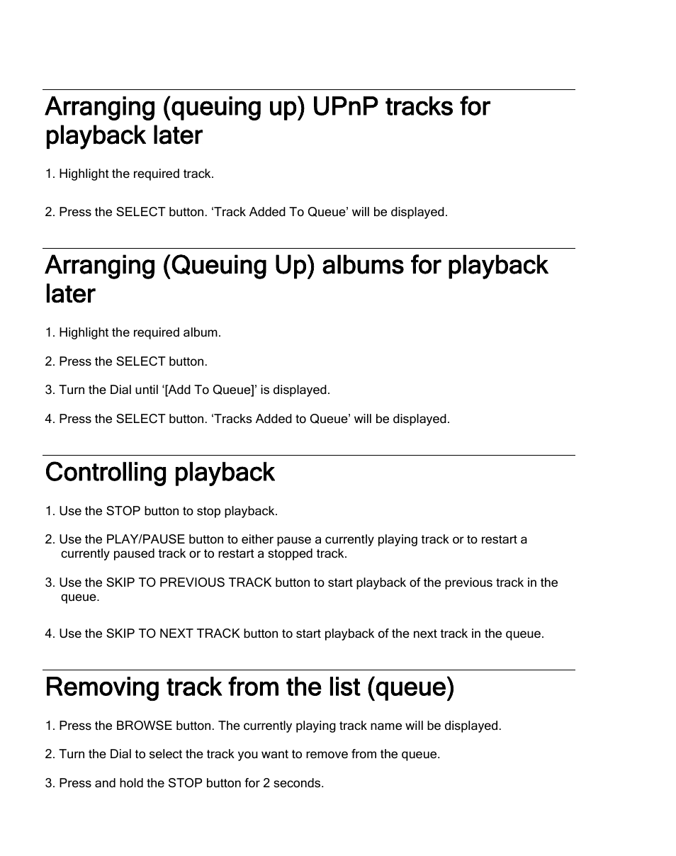 Arranging (queuing up) albums for playback later, Controlling playback, Removing track from the list (queue) | Grace Digital TUNER GDI-IRDT200 User Manual | Page 39 / 51