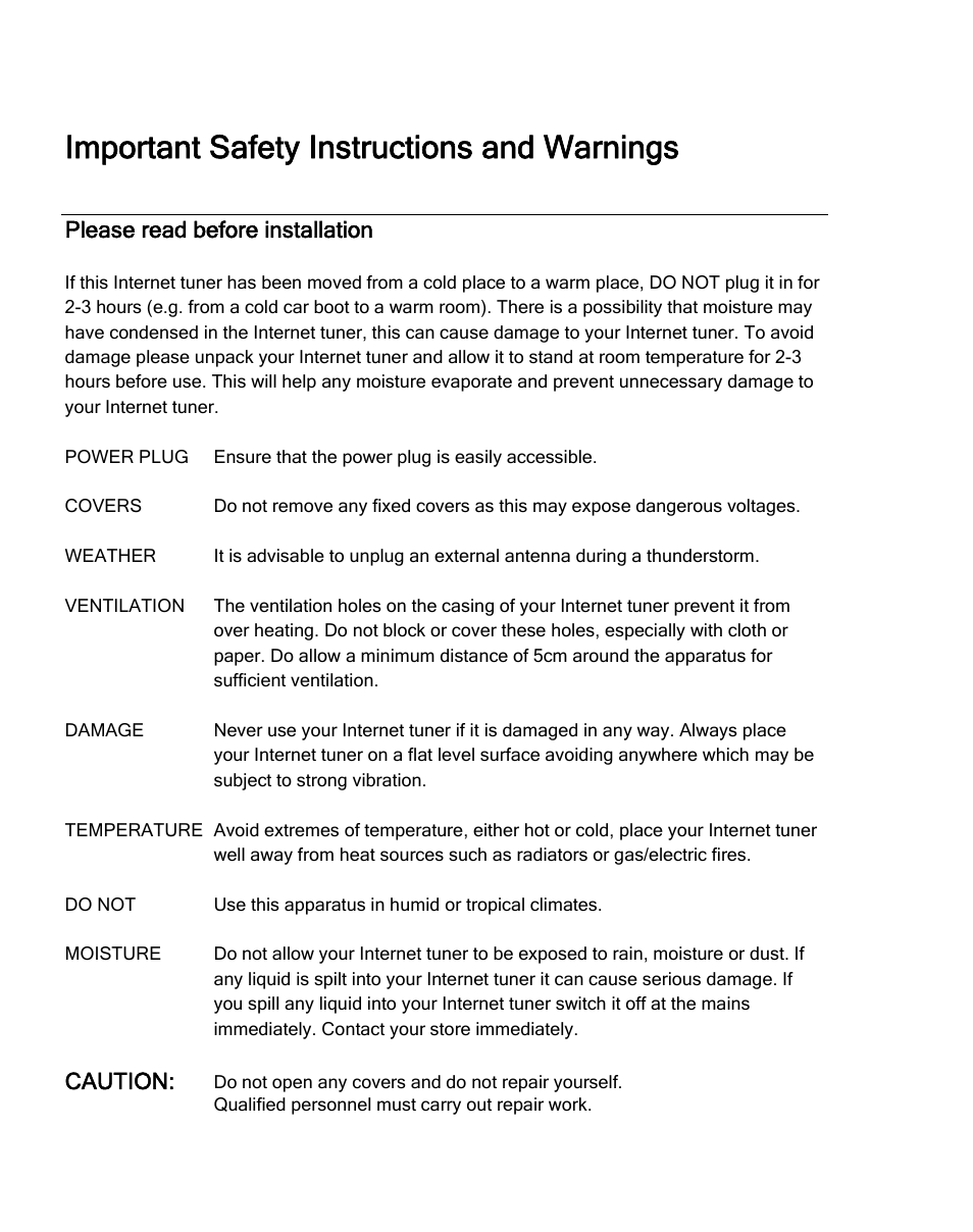 Please read before installation, Important safety instructions and warnings | Grace Digital TUNER GDI-IRDT200 User Manual | Page 4 / 51