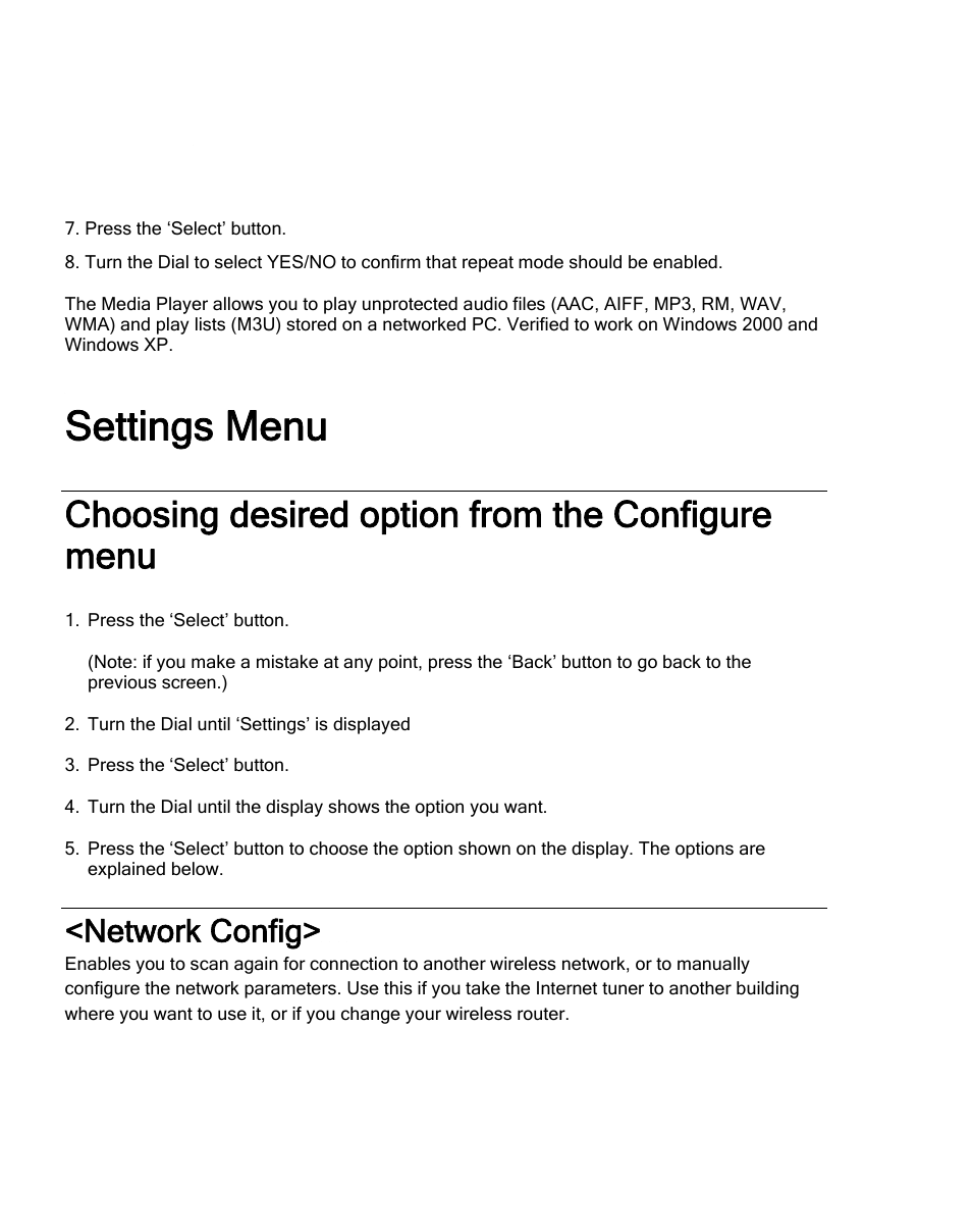 Choosing desired option from the configure menu, Network config, Settings menu | Grace Digital TUNER GDI-IRDT200 User Manual | Page 41 / 51