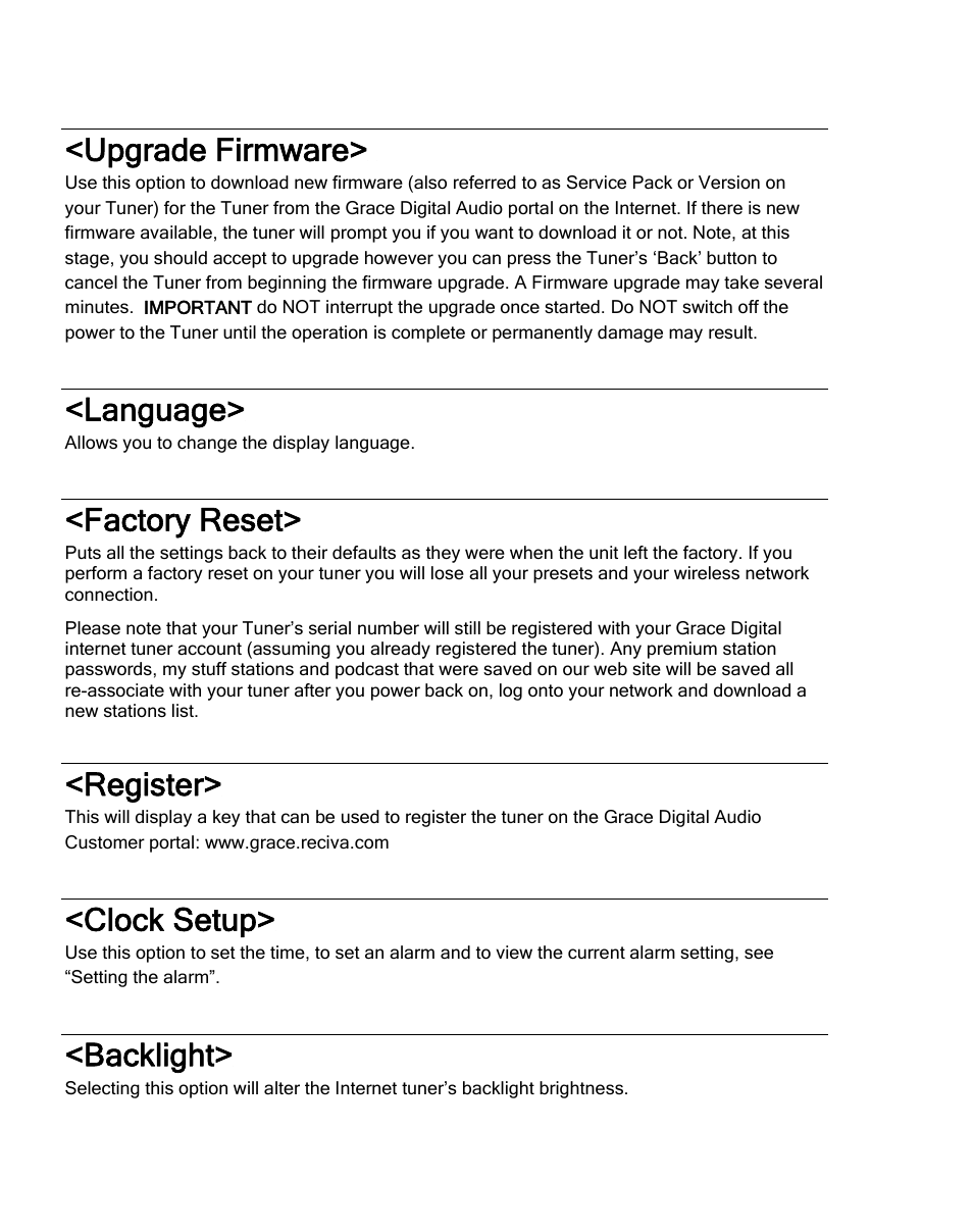 Upgrade firmware, Language, Factory reset | Register, Clock setup, Backlight | Grace Digital TUNER GDI-IRDT200 User Manual | Page 42 / 51