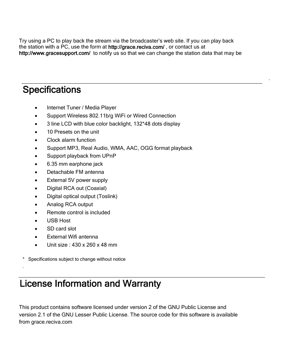 Specifications, License information and warranty | Grace Digital TUNER GDI-IRDT200 User Manual | Page 45 / 51