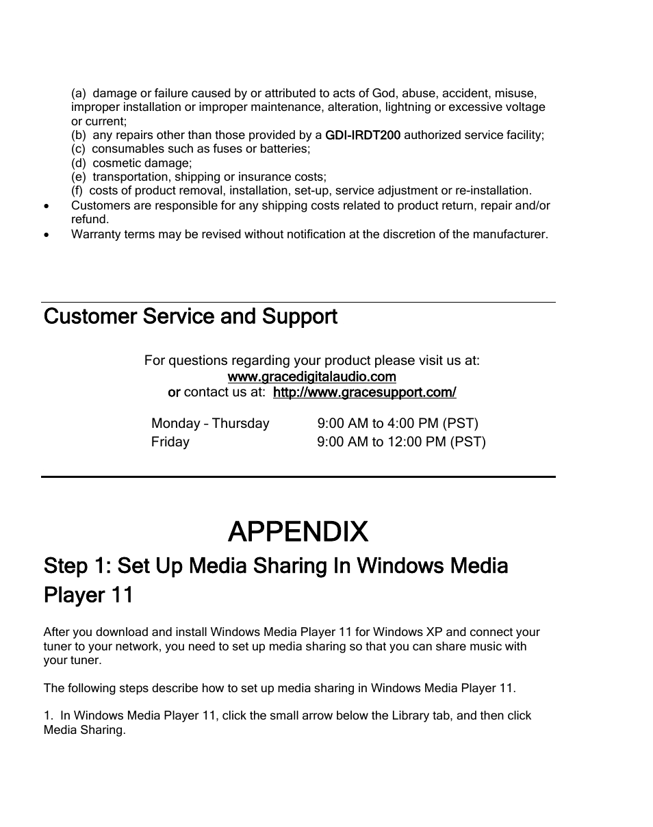 Customer service and support, Appendix | Grace Digital TUNER GDI-IRDT200 User Manual | Page 47 / 51