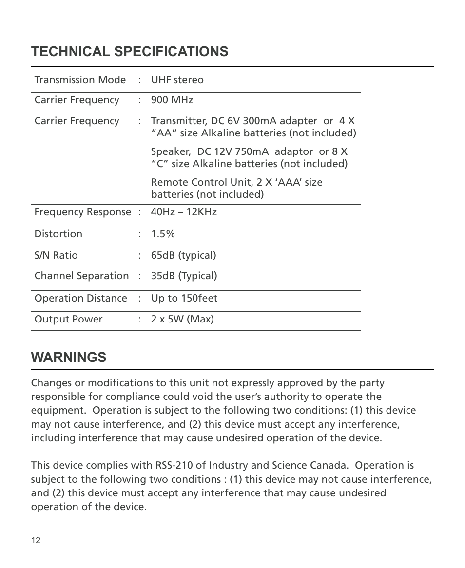 Technical specifications warnings | Grace Digital Schooners SCN300W User Manual | Page 12 / 13