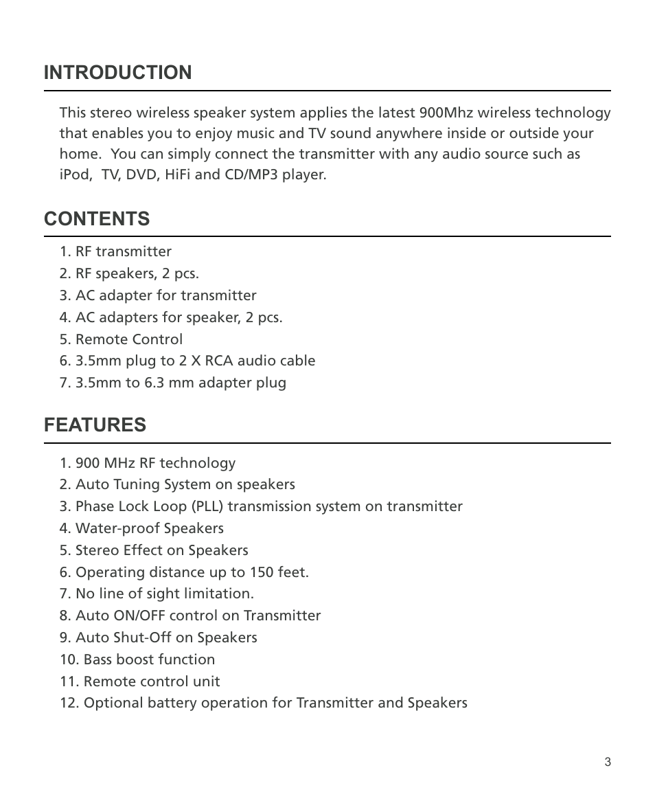 Introduction contents features | Grace Digital Schooners SCN300W User Manual | Page 3 / 13