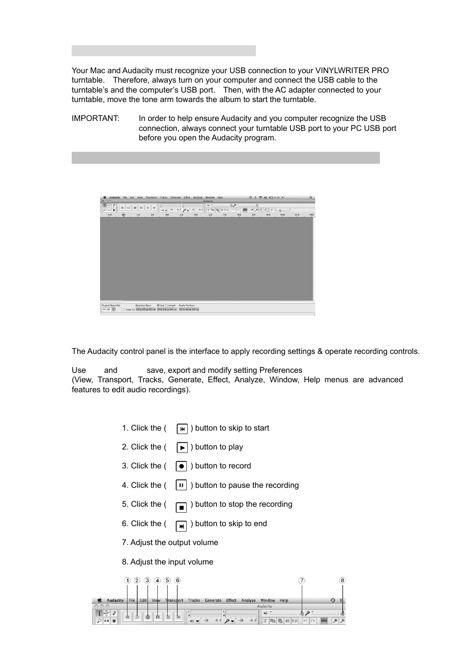 Audacity software & usb connection, Audacity control panel (recording window) for mac, Audacity control buttons & settings | Grace Digital GDI-VW05 User Manual | Page 22 / 30