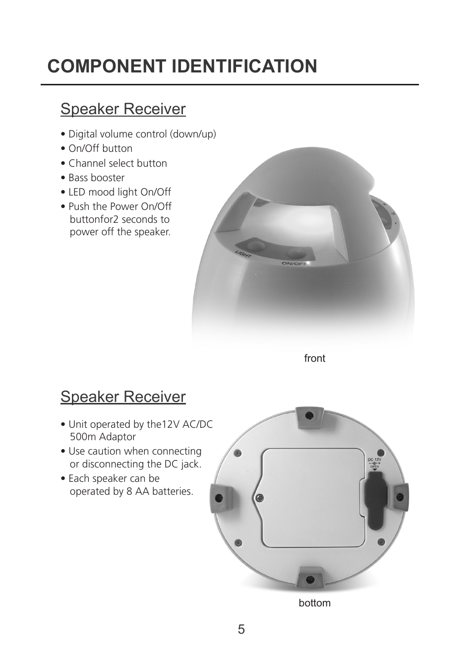 Component identification, Speaker receiver | Grace Digital Mini-Bullets WPBULLET User Manual | Page 5 / 9