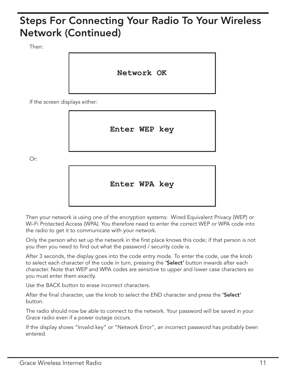 Enter wep key, Enter wpa key, Network ok | Grace Digital GDI-IR2000 User Manual | Page 11 / 44