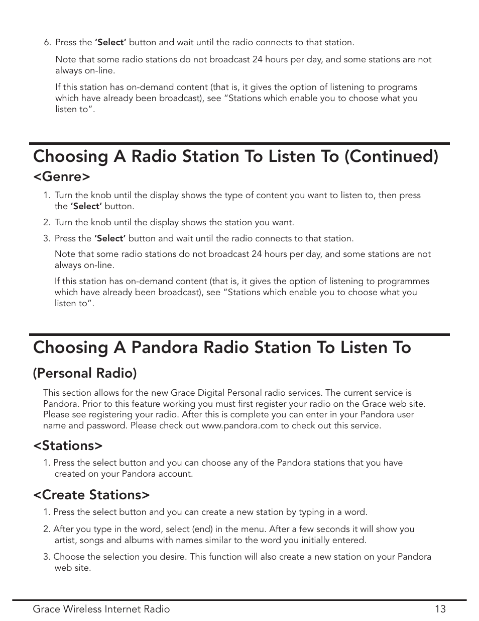 Choosing a pandora radio station | Grace Digital GDI-IR2000 User Manual | Page 13 / 44