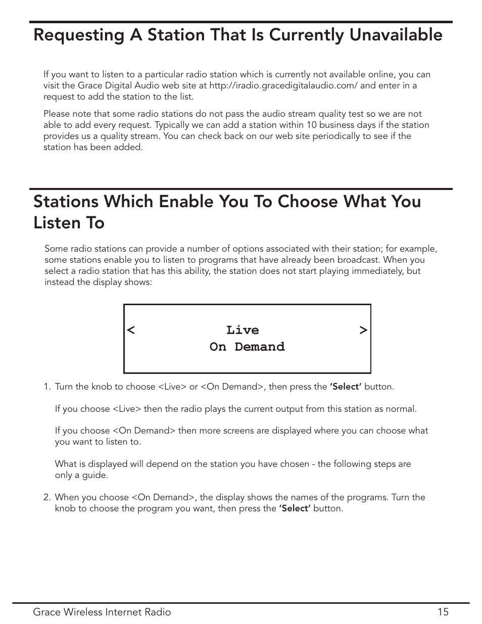 Requesting a station that is currently unavailable, Live > on demand | Grace Digital GDI-IR2000 User Manual | Page 15 / 44