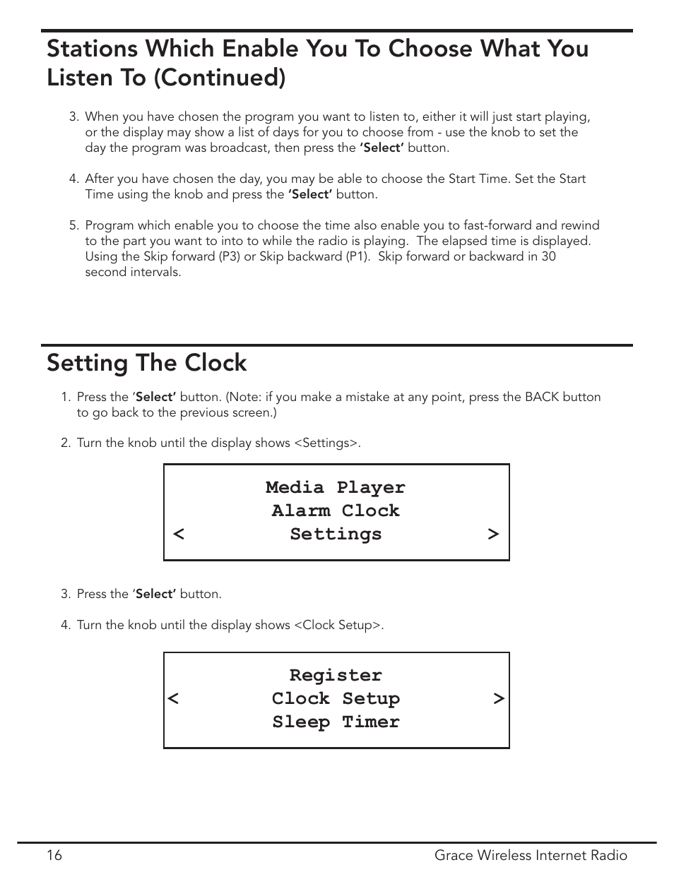 Clock set, Setting the clock, Media player alarm clock < settings | Register < clock setup > sleep timer | Grace Digital GDI-IR2000 User Manual | Page 16 / 44