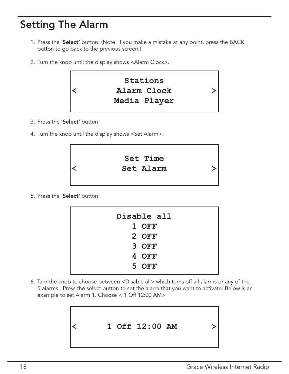 Setting the alarm, Stations < alarm clock > media player, Set time < set alarm | Grace Digital GDI-IR2000 User Manual | Page 18 / 44