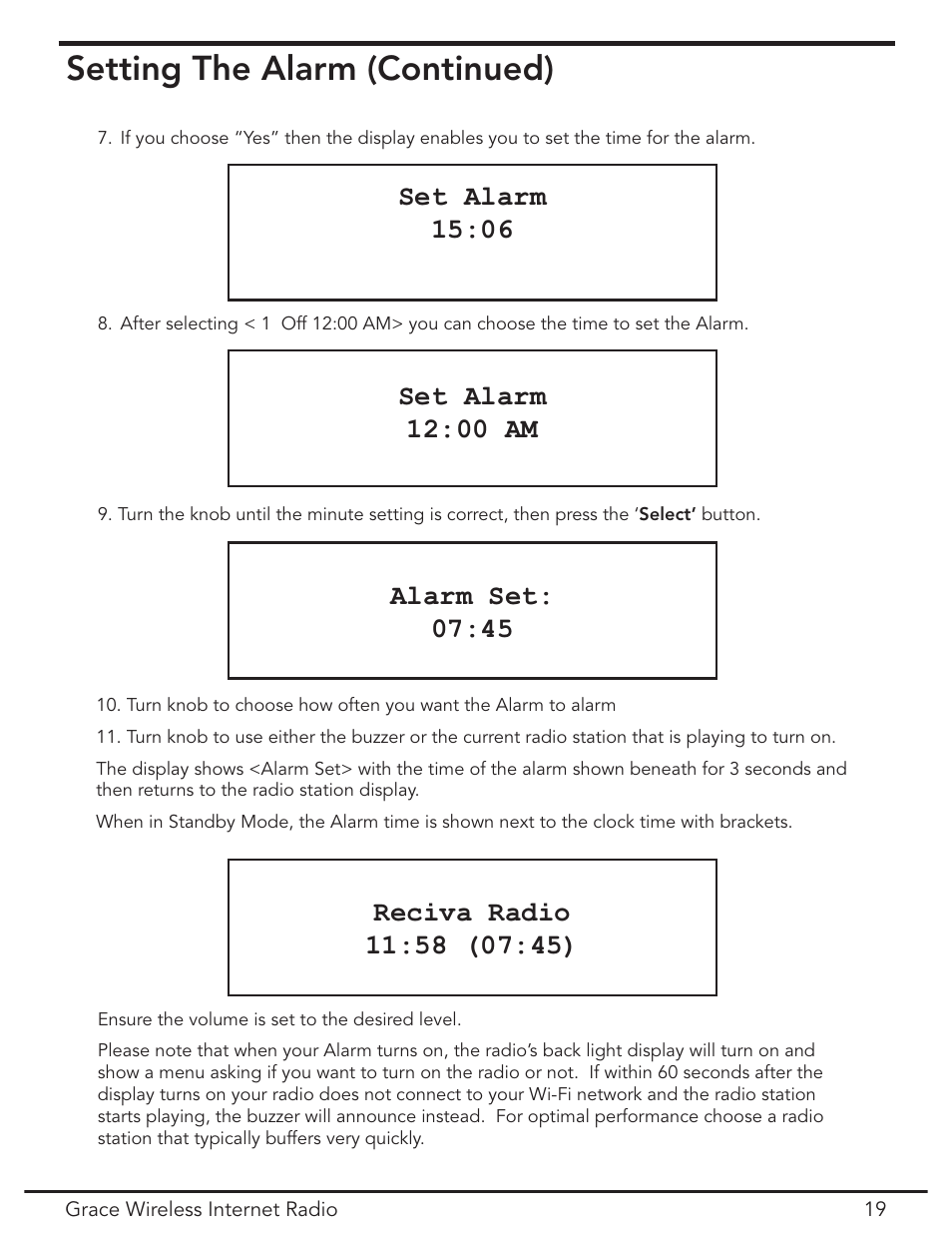 Setting the alarm (continued), Set alarm 15:06, Set alarm 12:00 am | Grace Digital GDI-IR2000 User Manual | Page 19 / 44