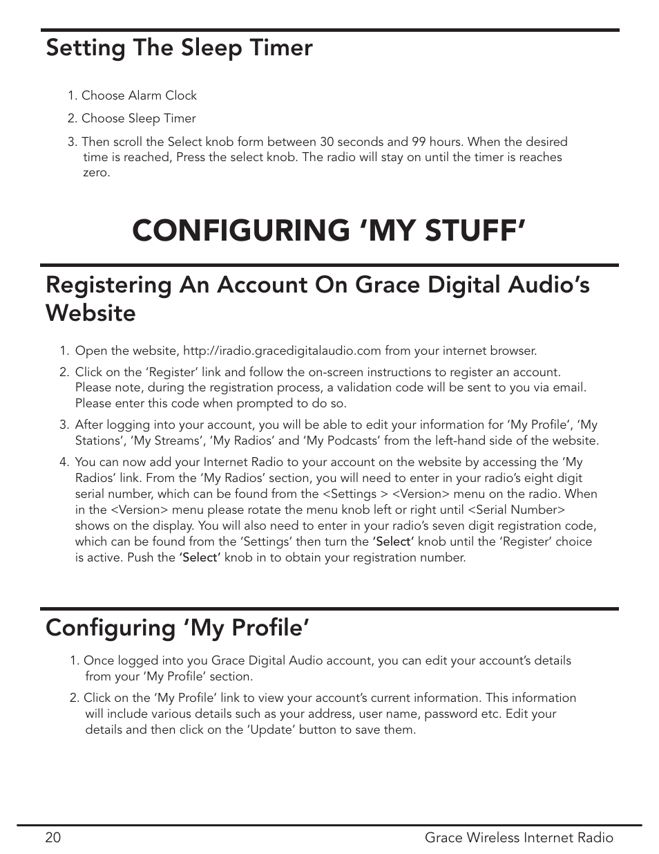 Setting the sleep timer, Configuring 'my stuff, Configuring ‘my profile | Configuring ‘my stuff | Grace Digital GDI-IR2000 User Manual | Page 20 / 44