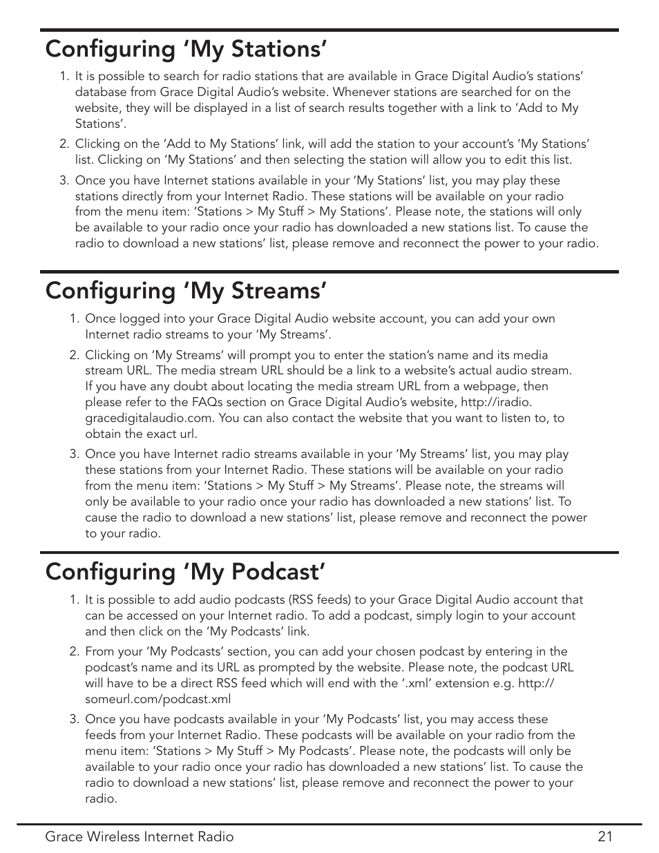 Configuring ‘my stations, Configuring ‘my streams, Configuring ‘my podcast | Conﬁguring ‘my streams’ conﬁguring ‘my podcast, Conﬁguring ‘my stations | Grace Digital GDI-IR2000 User Manual | Page 21 / 44