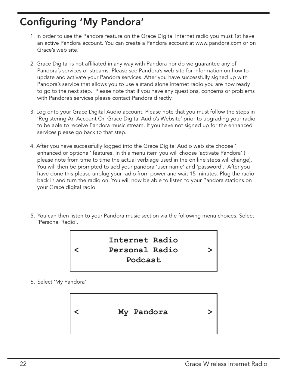 Configuring ‘my pandora, Conﬁguring ‘my pandora | Grace Digital GDI-IR2000 User Manual | Page 22 / 44