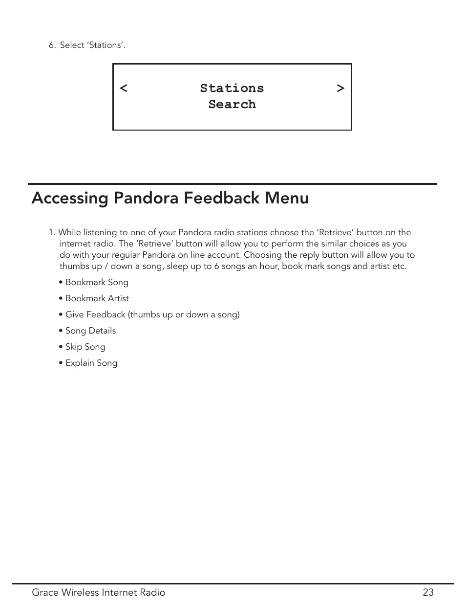 Accessing pandora feedback menu, Stations > search | Grace Digital GDI-IR2000 User Manual | Page 23 / 44